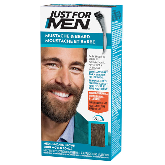 Just For Men Mustache & Beard, Beard Dye for Men with Brush Included for Easy Application, With Biotin Aloe and Coconut Oil for Healthy Facial Hair, Medium-Dark Brown, M-40 (1 Count)