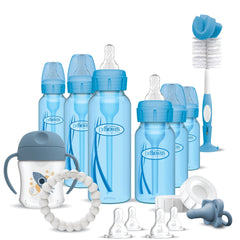 Dr. Brown's Options+ Baby Bottles Blue Gift Set with Silicone Teether, Blue Sippy Cup, Blue Bottle Brush and Travel Caps, Includes 6 Narrow Blue Baby Bottles
