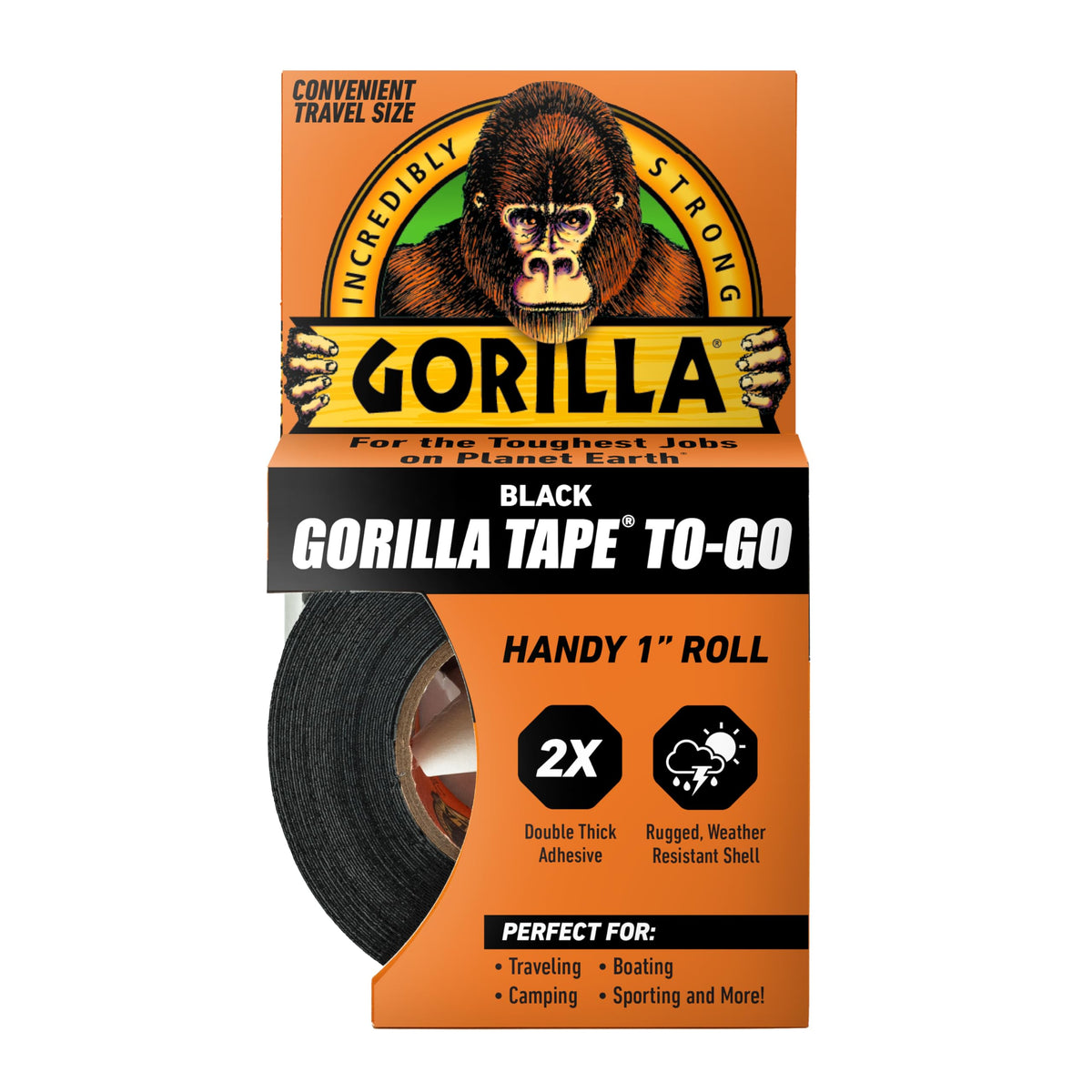 Gorilla Tape To-Go, Double Thick Adhesive, Weather Resistant Shell, Reinforced Backing, Travel Size Roll, Black, 1in x 30ft (2.5cm x 9.14m) Pack of 1