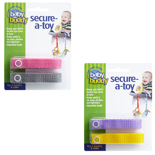 Baby Buddy Secure-a-Toy, Adjustable Pacifier and Teether Strap for Stroller, Highchair, and Car Seat, Pink Gray Lilac Yellow, 4 pack
