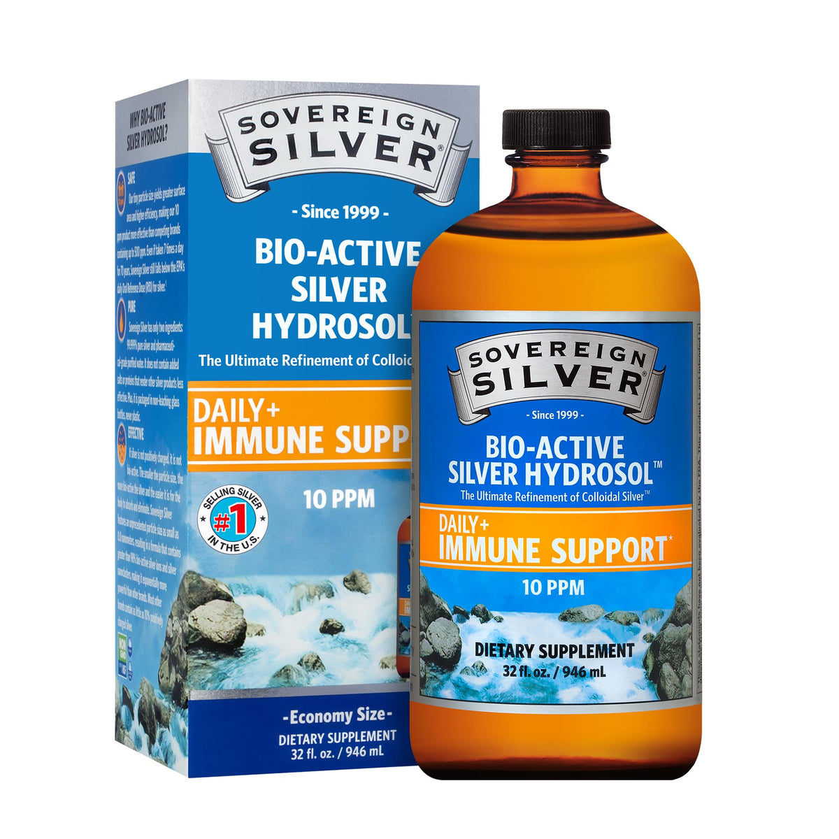 Sovereign Silver Bio-Active Silver Hydrosol for Immune Support, Colloidal-Silver Liquid, 10 ppm, 32oz (946mL)