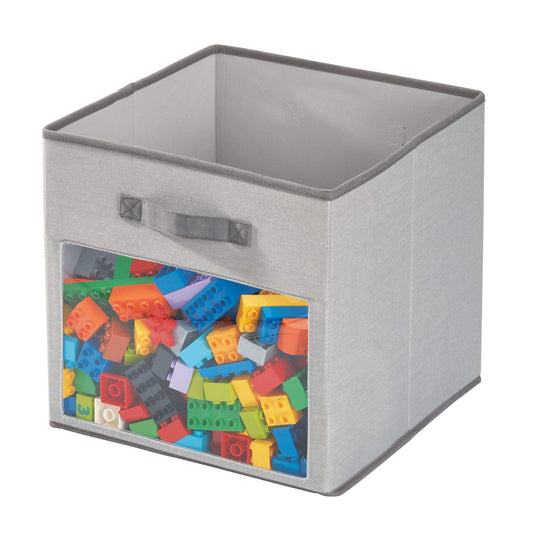 iDesign Emmy Fabric Storage Cube Bin with Front Window, Medium Basket Container with Dual Side Handles for Closet, Bedroom, Toys, Nursery - Gray