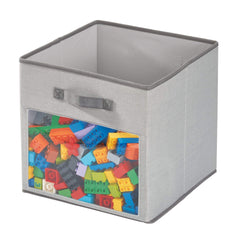 iDesign Emmy Fabric Storage Cube Bin with Front Window, Medium Basket Container with Dual Side Handles for Closet, Bedroom, Toys, Nursery - Gray