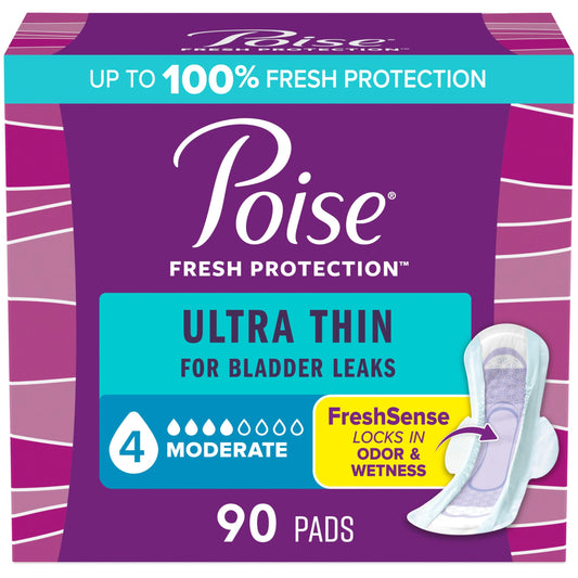 Poise Ultra Thin Incontinence Pads with Wings & Postpartum Incontinence Pads, 4 Drop Moderate Absorbency (4-Drop), Regular Length, 90 Count (3 x 30ct)
