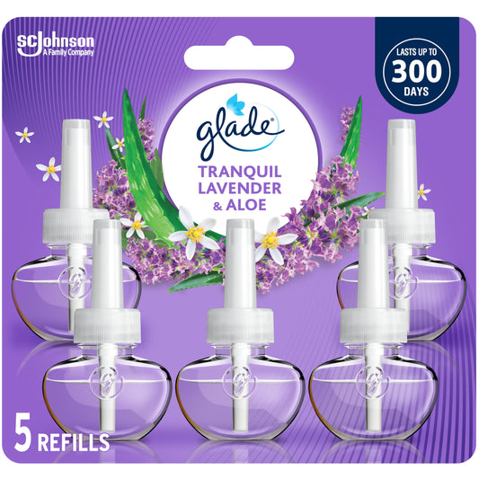 Glade PlugIns Air Freshener Refill, Scented and Essential Oils for Bathroom and Home Fragrance, Tranquil Lavender and Aloe, 5 Count