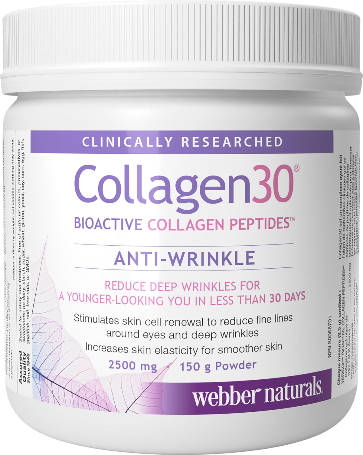 Webber Naturals Collagen30 Anti-Wrinkle Powder, 2500 mg of Bioactive Collagen Peptides Per Serving, 150 Grams, Helps Reduce Deep Wrinkles, Fine Lines & Stimulates Skin Cells