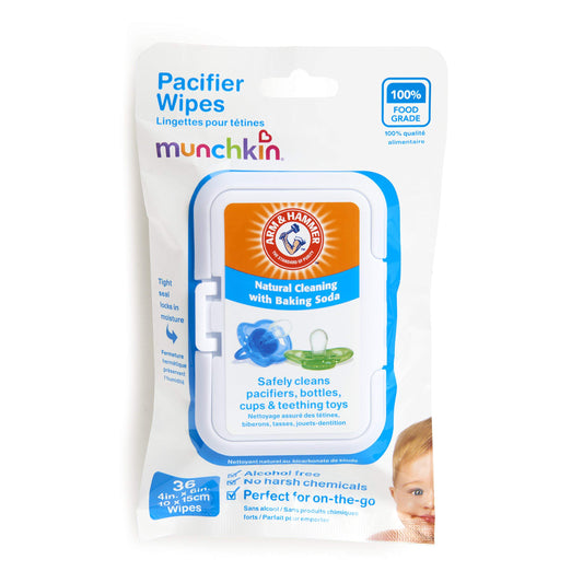Munchkin Arm & Hammer Pacifier Wipes - Safely Cleans Breast Pump Parts and Feeding Essentials for Baby and Toddler, 1 Pack, 36 Wipes