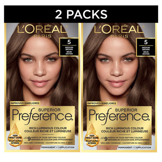L'Oreal Paris Superior Preference Hair Dye, Hair Color for Women, 5 Medium Brown Hair Dye, Permanent Hair Color, 100% Grey Coverage, 9 weeks of Fade-Defying, 2 Kit (Packaging May Vary)