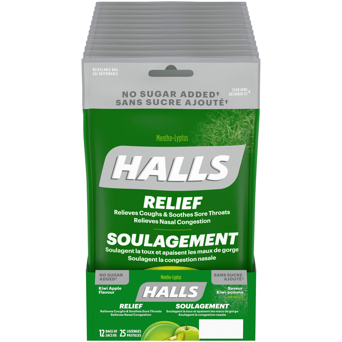 HALLS Mentho-Lyptus No Sugar Added Kiwi Apple 25 Count Bag, Pack of 12