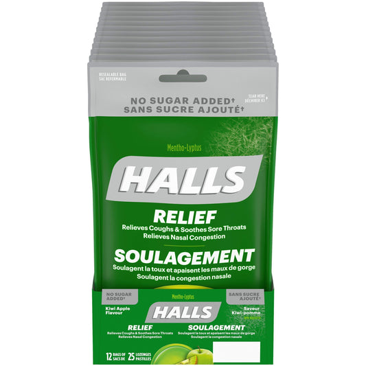 HALLS Mentho-Lyptus No Sugar Added Kiwi Apple 25 Count Bag, Pack of 12