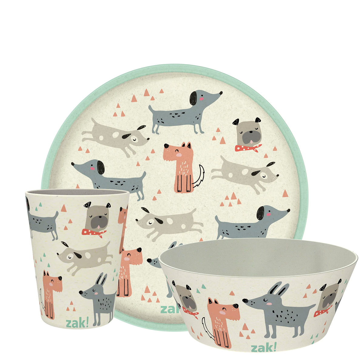 Zak Designs Kids Dinnerware Set 3 Pieces, Durable and Sustainable Melamine Bamboo Plate, Bowl, and Tumbler are Perfect for Dinner Time with Family (Dog)