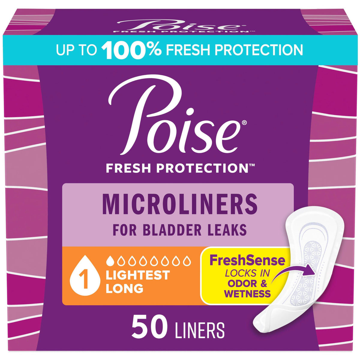 Poise Daily Microliners, Incontinence Panty Liners, 1 Drop Lightest Absorbency, Long Length, 50 Count of Pantiliners
