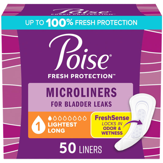 Poise Daily Microliners, Incontinence Panty Liners, 1 Drop Lightest Absorbency, Long Length, 50 Count of Pantiliners