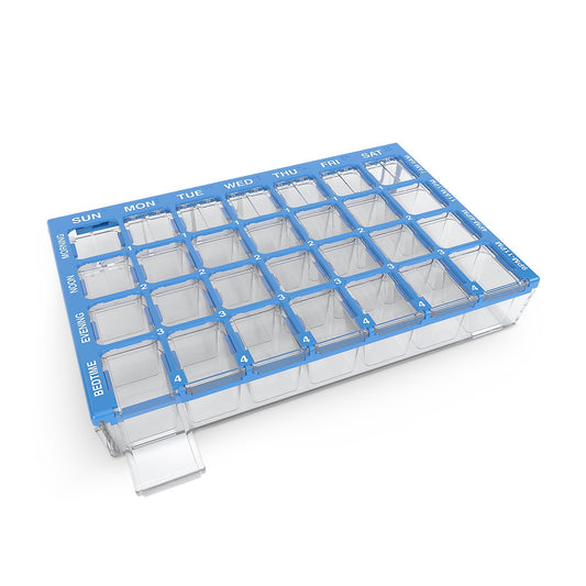 EZY DOSE Weekly (7-Day) Pill Planner, Medicine Case, Vitamin Organizer Box, 4 Times a Day AM/PM, Medium Compartments, Prevent Accidental Spilling, Clear Lids, BPA Free