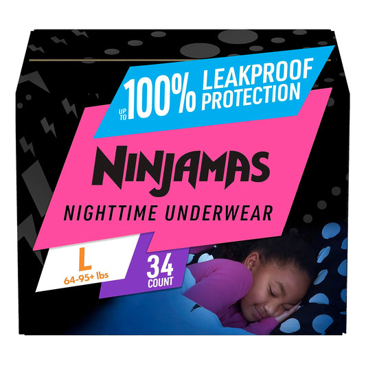 Pampers Ninjamas Nighttime Bedwetting Underwear Girls Size L (64-125 lbs) 34 Count (Packaging & Prints May Vary)