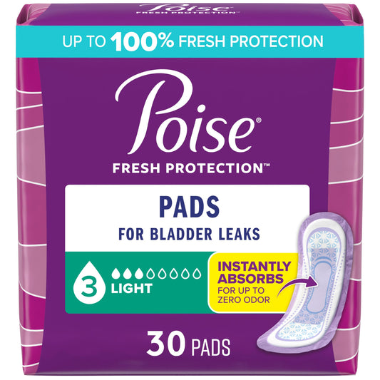 Poise Incontinence Pads, Light Absorbency, Regular Length, 120 Count (4 Packs of 30)