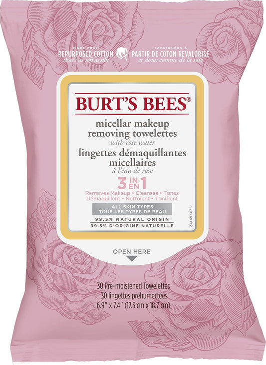 Burt's Bees Micellar Cleansing Towelettes With Rose Water 30 count, Stocking Stuffer, Christmas Gift.