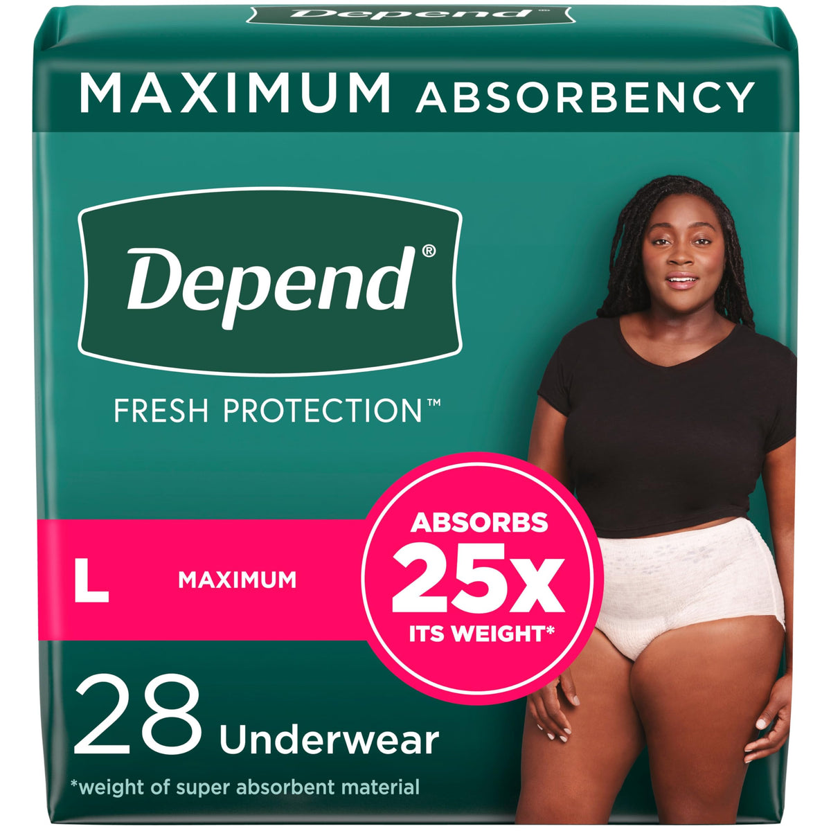 Depend FIT-FLEX Adult Incontinence Underwear for Women, Maximum Absorbency, L, Blush, 28 Count