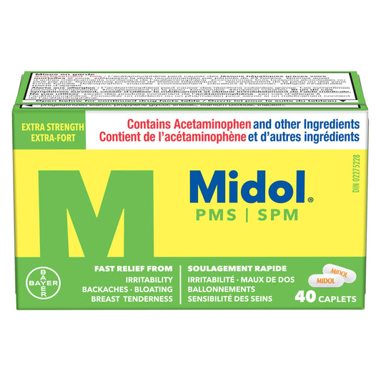 Midol PMS Extra Strength Pain Reliever, Fast Relief of Pre-Menstrual Period Symptoms such as Irritability, Bloating, Cramps, Breast tenderness, Backache, Headaches and Muscle Aches (40 Caplets)