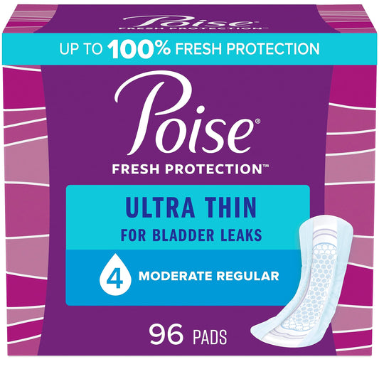 Poise Ultra Thin Incontinence Pads & Postpartum Incontinence Pads, 4 Drop Moderate Absorbency, Regular Length, 96 Count