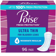 Poise Ultra Thin Incontinence Pads & Postpartum Incontinence Pads, 4 Drop Moderate Absorbency, Regular Length, 96 Count