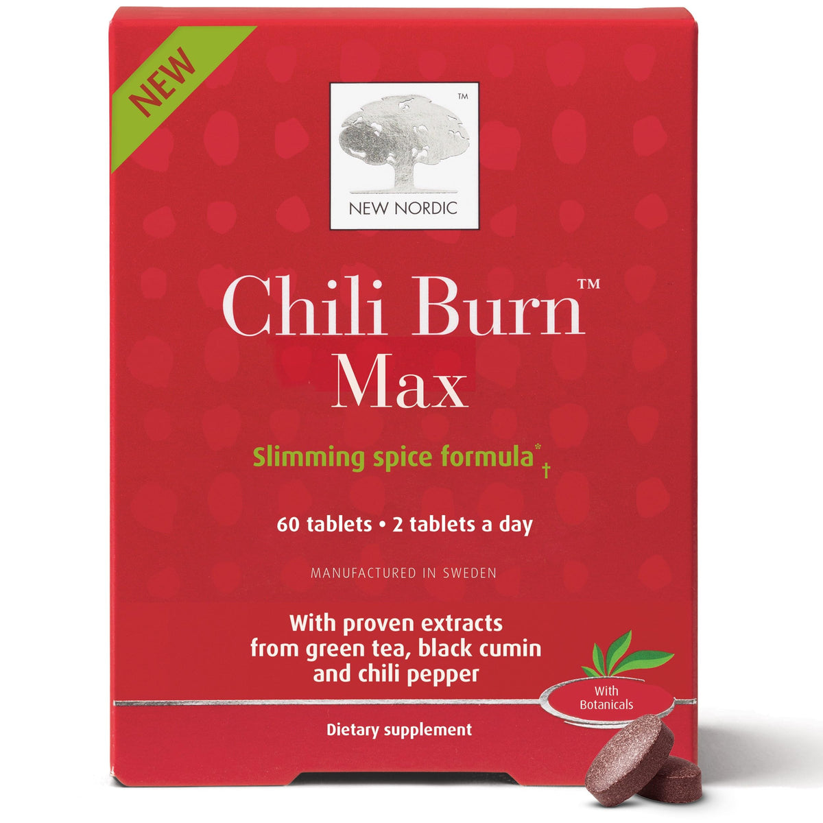 New Nordic Chili Burn Max - Herbal Supplement for Metabolism Support - Contains Chili Pepper Extract, Black Cumin & Green Tea Extract - Non-GMO, Dairy-Free & Gluten-Free - 60 Vegan Tablets