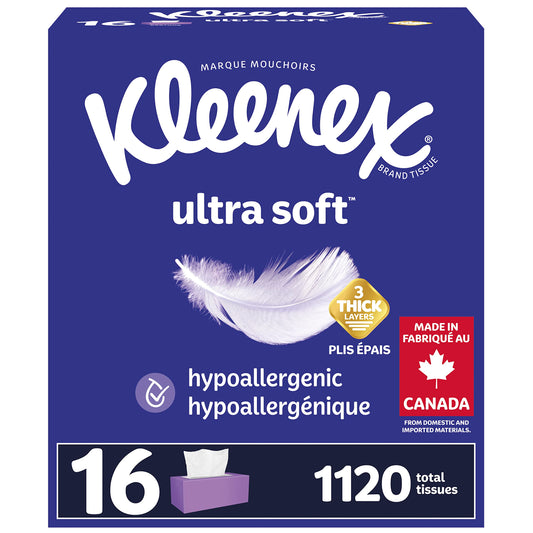 Kleenex Ultra Soft Facial Tissues, Hypoallergenic, 32 Rectangular Boxes, 70 Tissues per Box, 3-Ply (2,240 Tissues Total)