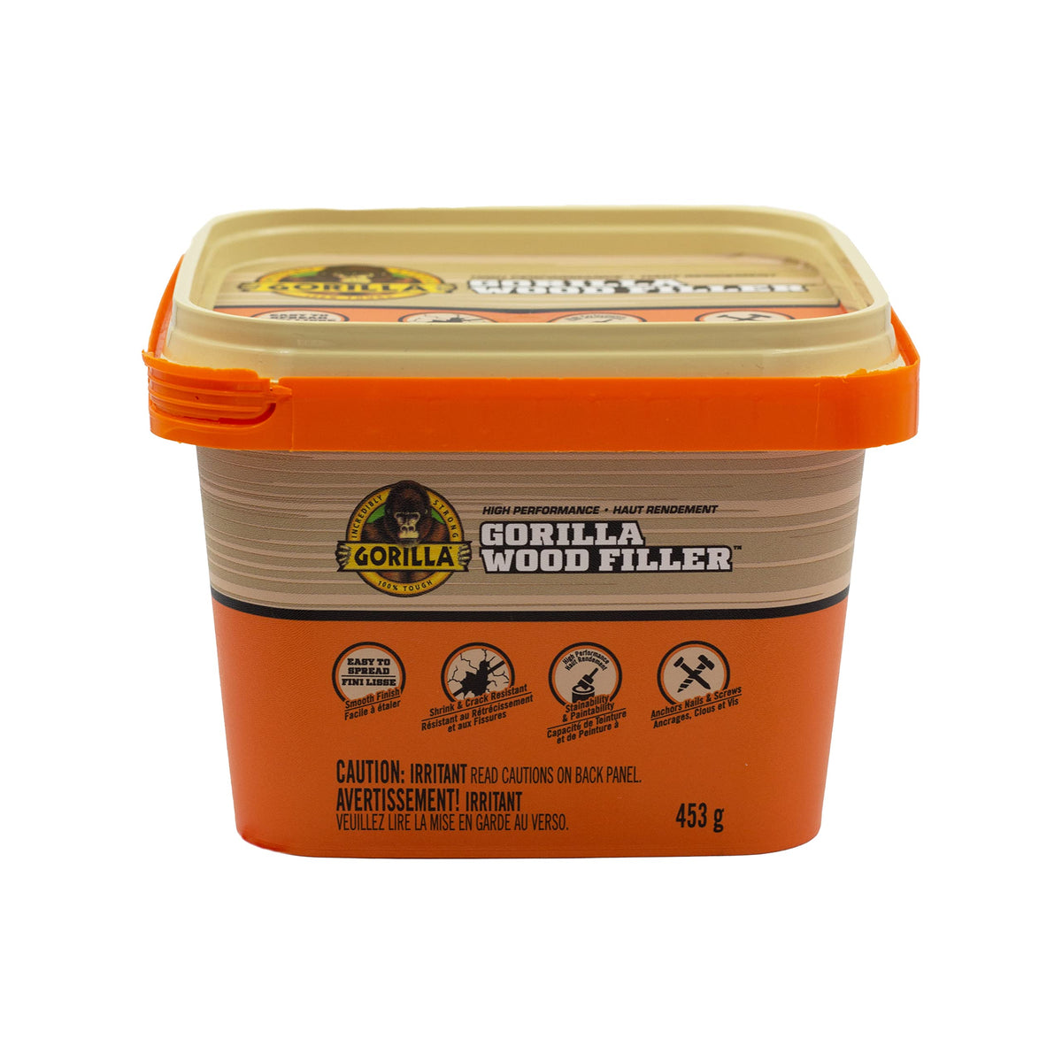 Gorilla High Performance Wood Filler, Stainable & Paintable, Shrink & Crack Resistant, Anchors Nails & Screws, Moldable, Sandable, Natural Color, 453g/16oz, Tub, (Pack of 1)