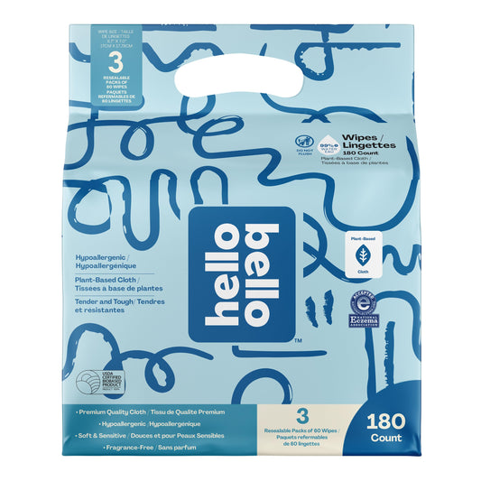 Hello Bello Extra Gentle Unscented Baby Wipes, Plant Based, Made with 99% Water and Aloe for Babies and Kids, 60 Count (Pack of 3) Total 180 Count