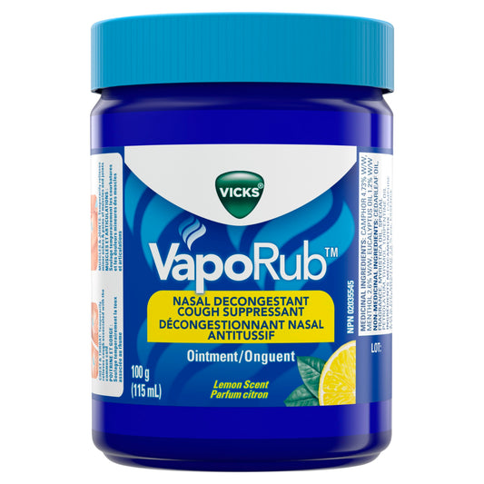 Vicks VapoRub Nasal Decongestant, Cough Suppressant, Relief from Cold, Aches, & Pains, Chest Rub Ointment, Lemon scent, 100 g/115 mL