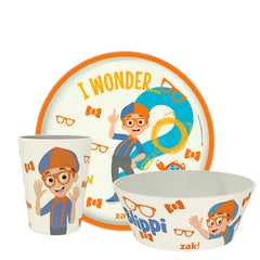 Zak Designs Blippi Kids Dinnerware Set 3 Pieces, Durable and Sustainable Melamine Bamboo Plate, Bowl, and Tumbler are Perfect for Dinner Time with Family (Blippi, TABBS)