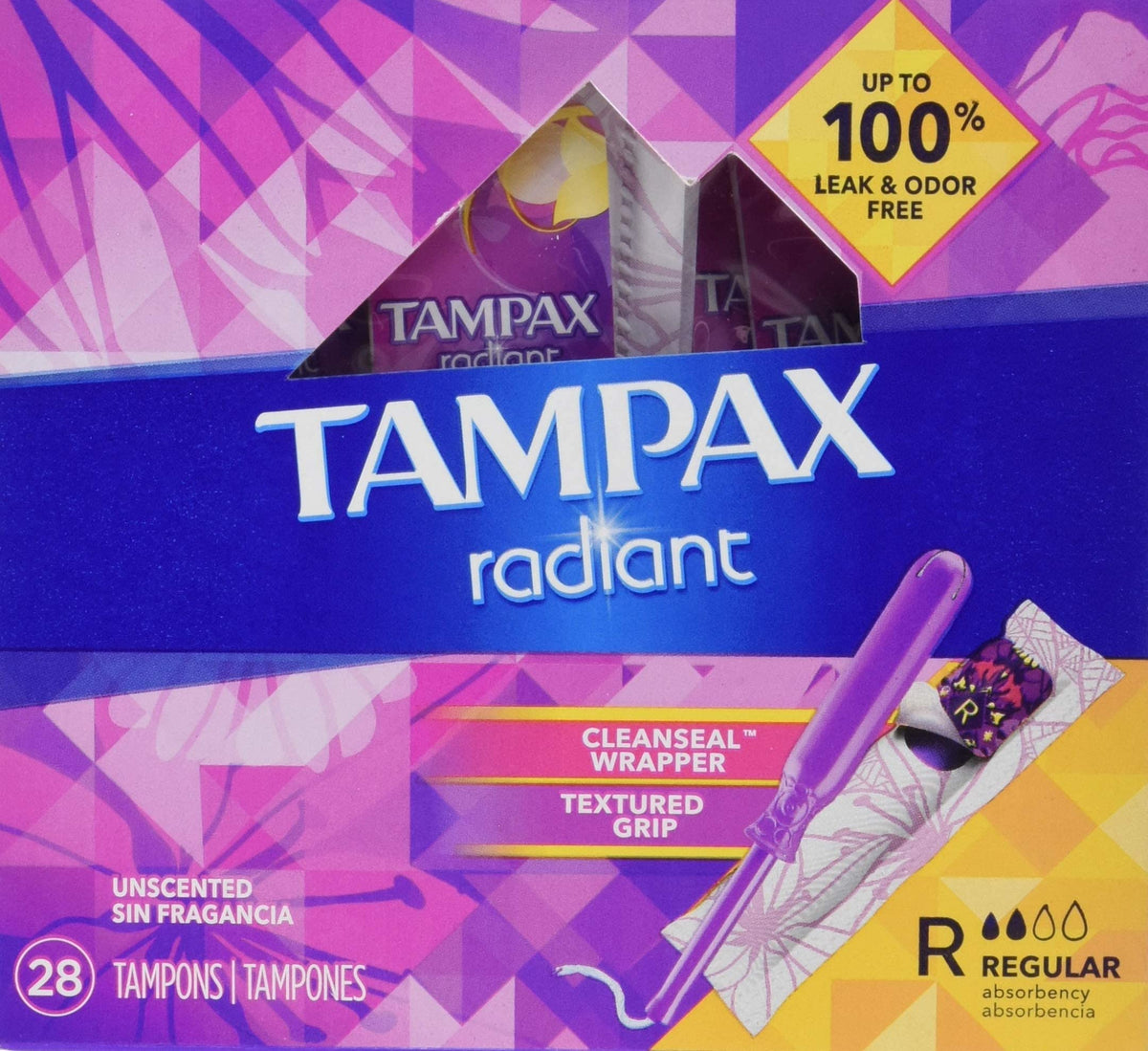 Tampax, Radiant Tampons, Plastic Applicator, Regular Absorbency, 28 Count