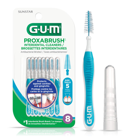 GUM Proxabrush® Reusable Interdental Cleaners, Antibacterial Bristles, Protective Travel Cap, 1614N, Blue, Size 5, Wide, 8 Count