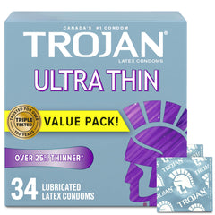 Trojan Ultra Thin Condoms, Lubricated Latex Condoms, 25% Thinner for Natural Skin-to-Skin Feel, Enhanced Sensitivity, Closeness and Trusted Protection, 34 Count (Pack of 1)