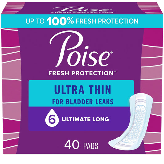 Poise Ultra Thin Incontinence Pads & Postpartum Incontinence Pads, 6 Drop Ultimate Absorbency, Long Length, 40 Count