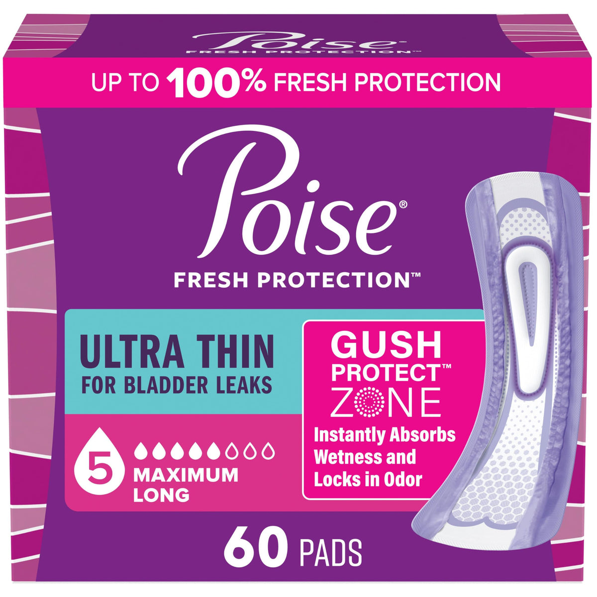 Poise Ultra Thin Incontinence Pads & Postpartum Incontinence Pads, 5 Drop Maximum Absorbency, Long Length, 60 Count