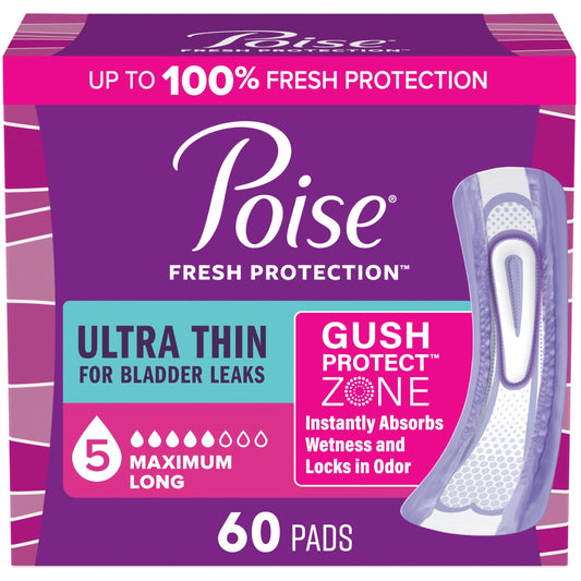 Poise Ultra Thin Incontinence Pads & Postpartum Incontinence Pads, 5 Drop Maximum Absorbency, Long Length, 60 Count