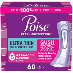 Poise Ultra Thin Incontinence Pads & Postpartum Incontinence Pads, 5 Drop Maximum Absorbency, Long Length, 60 Count