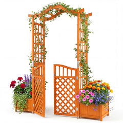 83 inches Garden Arbor with Gate and 2 Planter Boxes-Yellow