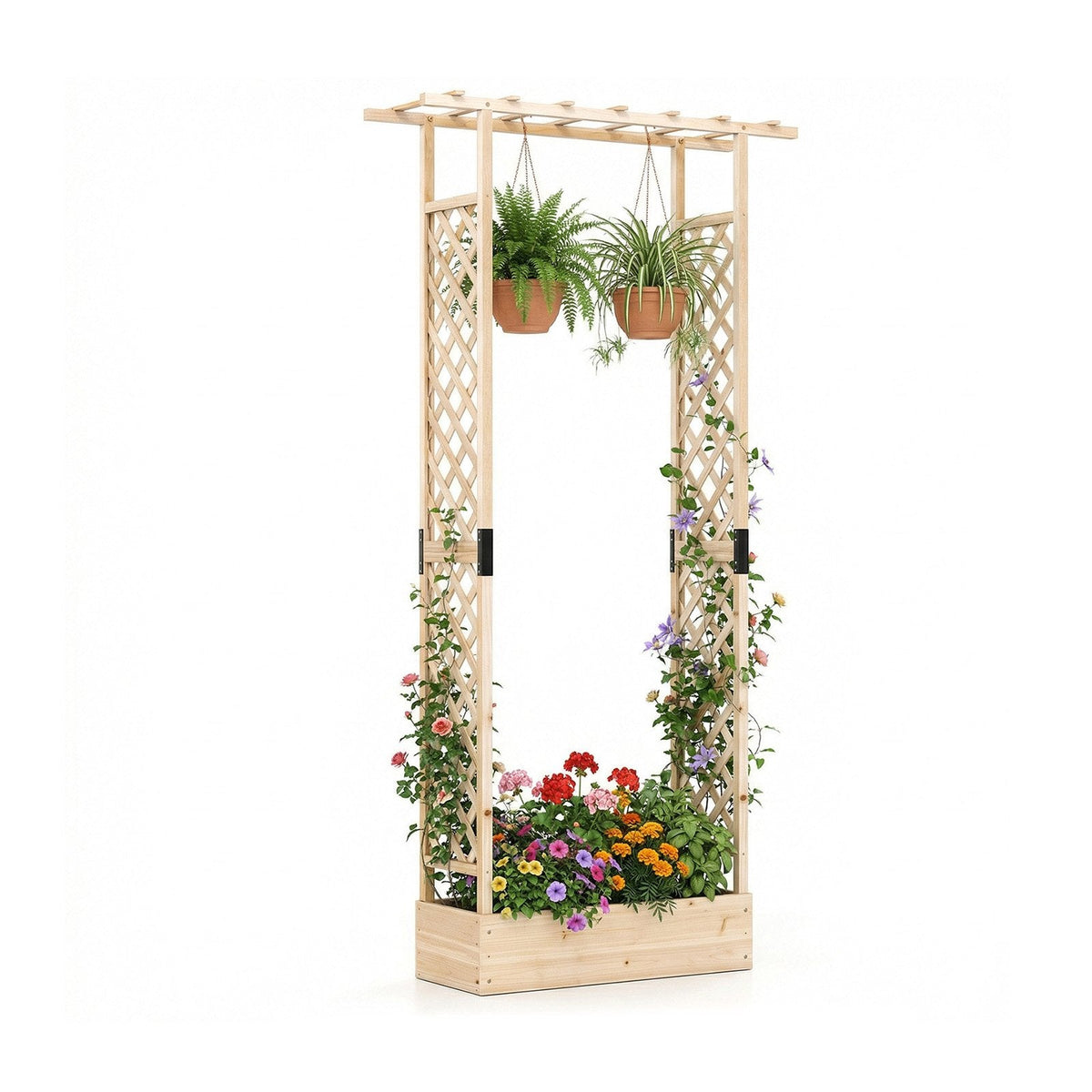 89 Inch Tall Wooden Raised Garden Bed with Side Trellis and Hanging Roof Drainage Holes-Natural