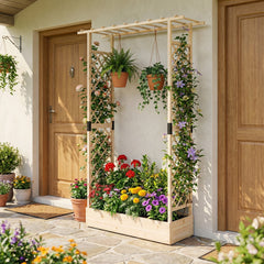 89 Inch Tall Wooden Raised Garden Bed with Side Trellis and Hanging Roof Drainage Holes-Natural