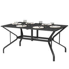 Rectangle Patio Dining Table with Umbrella Hole, Outdoor Dining Table for 6 with Steel Frame for Garden, Balcony, Black