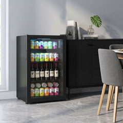 3.2 Cu.Ft Beverage Fridge, 128 Can Drink Fridge with Glass Door, Auto-Defrost and LED Light for Soda, Beer, Black