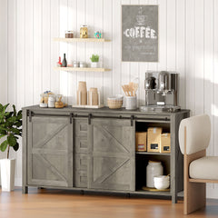 60" Buffet Cabinet, Farmhouse Sideboard with Sliding Barn Doors, Drawers and Adjustable Shelves, Cream White