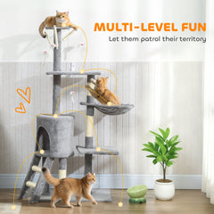 53" Cat Tree Tower, Kitten Activity Centre with Scratching Posts, Condo, Perches, Ladder, Hammock, Dangling Toys, Grey