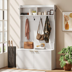 4-In-1 Hall Tree with Shoe Bench, Modern Coat Rack with Open Shelf for Hallway, Entryway, Bedroom, Living Room, White