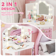 Kids Vanity Table and Chair Set with Lights, Makeup Dressing Table with Tri-Fold Mirror for Ages 3-8 Years, White