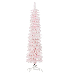 6 Ft Snow-Flocked Artificial Christmas Tree, Slim Pencil Xmas Tree with Realistic Branches, Metal Base, Green
