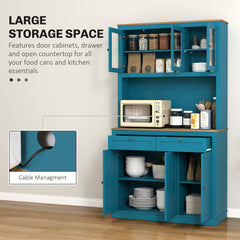 71" Pantry Cabinet with Microwave Space, Buffet with Hutch, 2 Drawers, Adjustable Shelves and Glass Doors, Blue