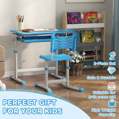 Height Adjustable Study Table and Chair Set with Drawer, Pen Slot, Tiltable Desktop, Hook, Blue
